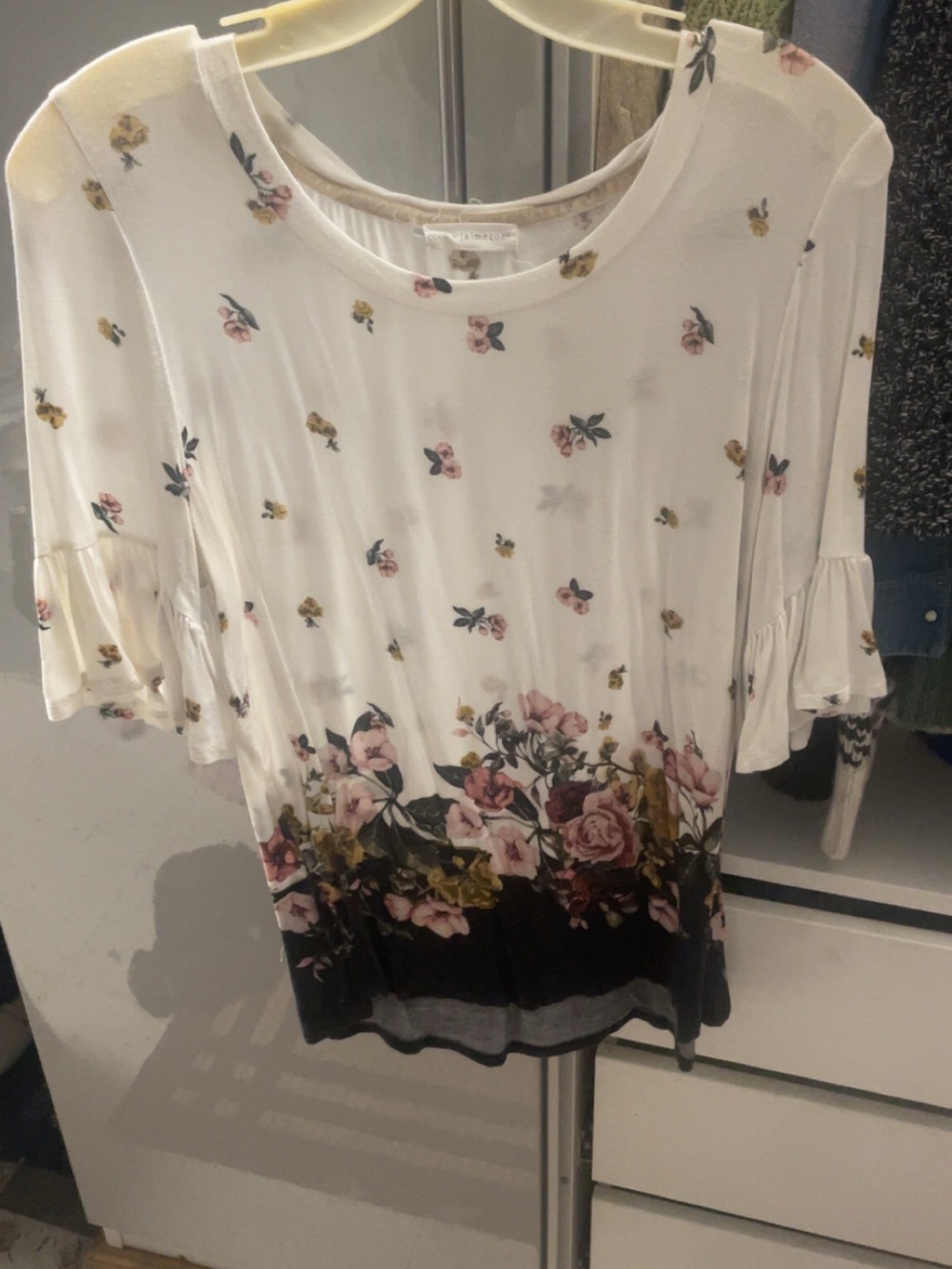 White Floral-Trim Ruffle Sleeve Blouse with Pink & Green Accents